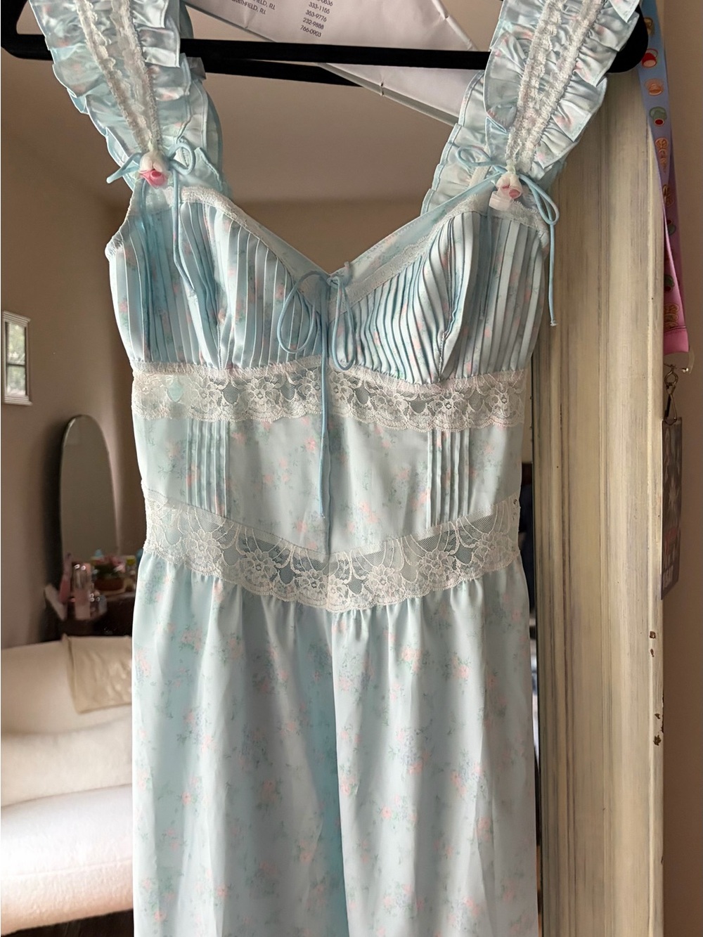 For Love & Lemons Light Blue Floral Satin Chemise with Lace Trim